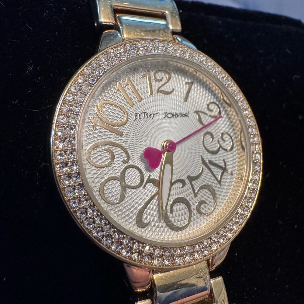 Betsey Johnson Gold Watch with Pink Heart Accent